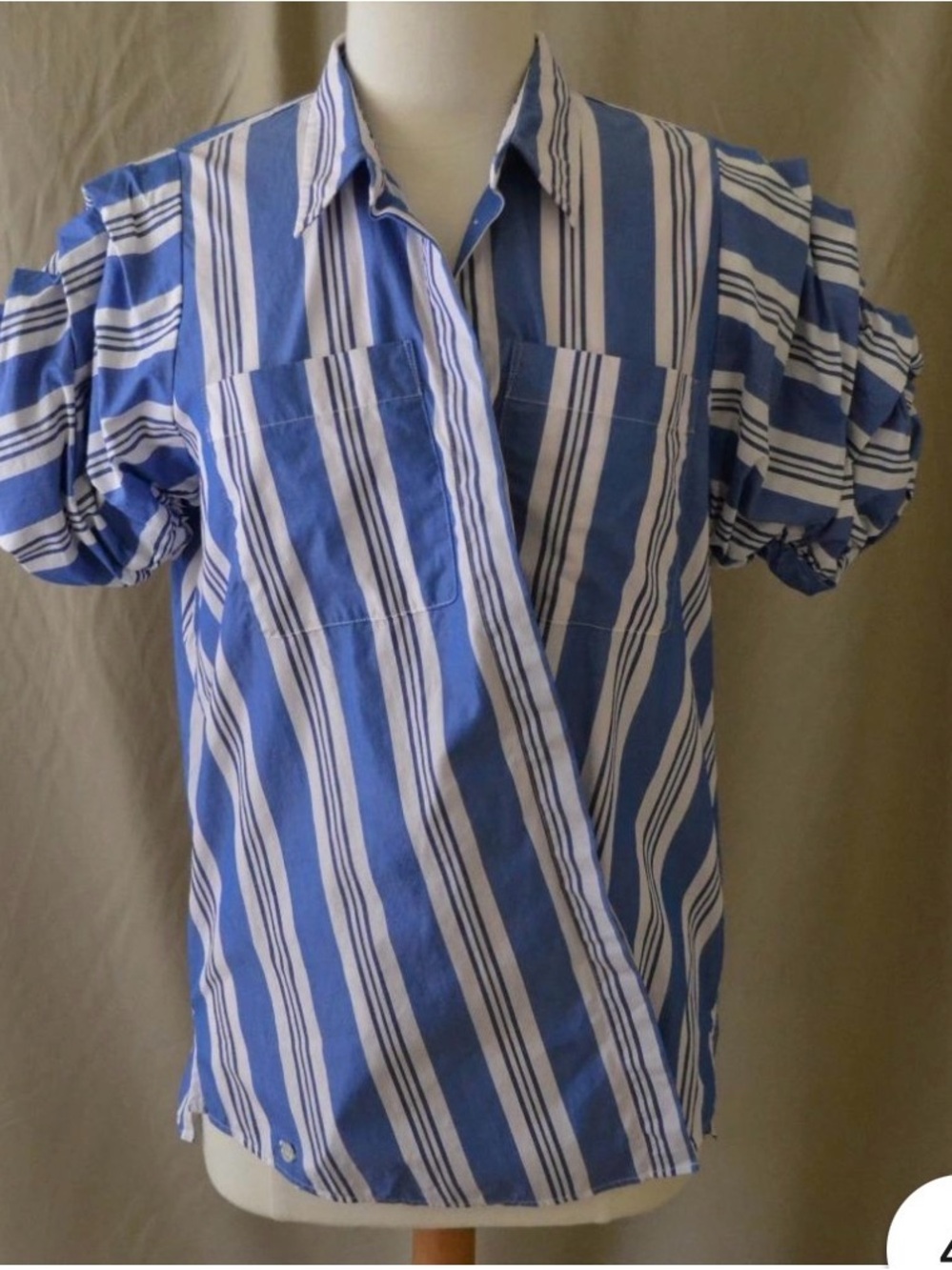 Stella Jean size 42 / 6 Striped Puff-Sleeve Button-Up Top in Blue and White